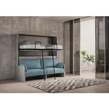 Mod.Kando Cama de casal com sofá - Cama de casal dobrável Kando com sofá, em madeira clara e colchões azul-claro.