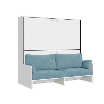 Mod.Kando Cama de casal com sofá - Cama de casal dobrável Kando com sofá, em madeira clara e colchões azul-claro.