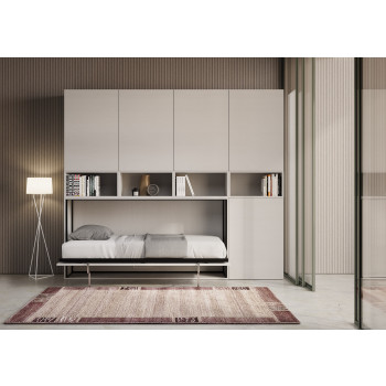 Cama de solteiro Kando em freixo branco com arrumação - Cama de parede de solteiro Kando, comp.C, freixo branco