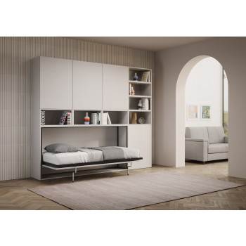 Cama de solteiro Kando em freixo branco com arrumação - Cama de parede de solteiro Kando, comp.E, freixo branco
