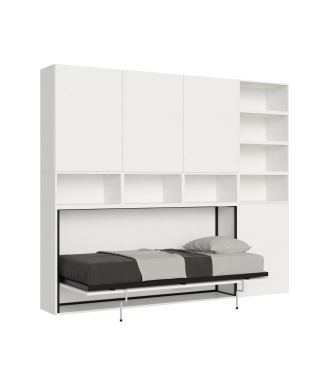 Cama de solteiro Kando em freixo branco com arrumação - Cama de parede de solteiro Kando, comp.E, freixo branco