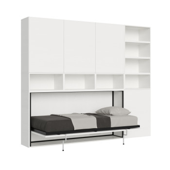 Cama de solteiro Kando em freixo branco com arrumação - Cama de parede de solteiro Kando, comp.E, freixo branco