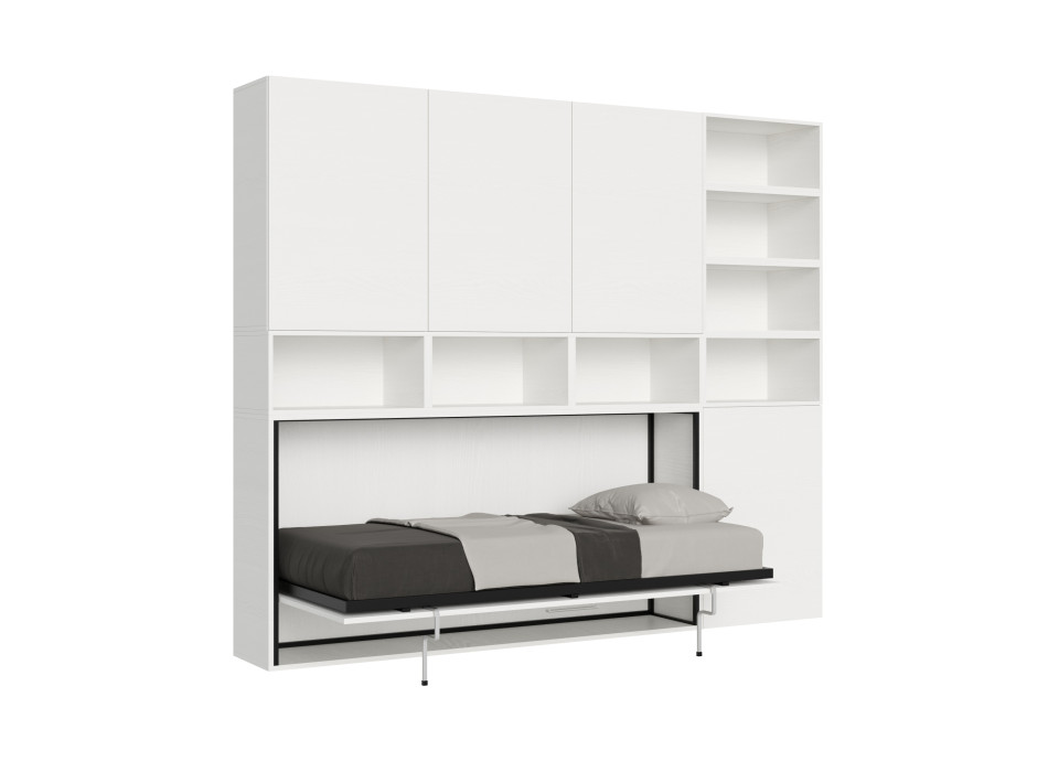 Cama de solteiro Kando em freixo branco com arrumação - Cama de parede de solteiro Kando, comp.E, freixo branco