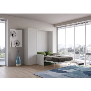 Mod.Kentaro 1 cama quadrada e meia com sofá 120 - Cama dobrável Kentaro 1 e meia 120 com sofá e coluna, branco freixo, verde