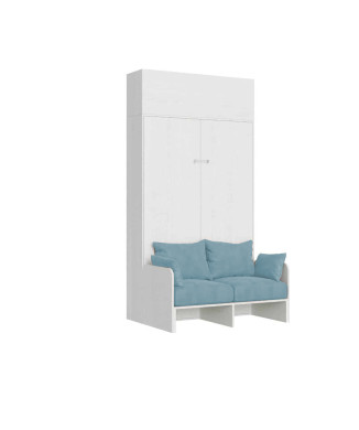 Mod.Kentaro 1 cama quadrada e meia com sofá 120 - Cama dobrável Kentaro 1 e meia 120 com sofá e móvel de parede em freixo branco, azul claro