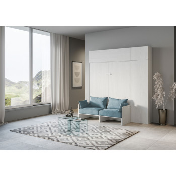 Cama de casal Kentaro 160 com sofá - Cama de casal dobrável Kentaro 160 com sofá e móveis em freixo branco e azul claro.