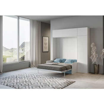Cama de casal Kentaro 160 com sofá - Cama de casal dobrável Kentaro 160 com sofá e móveis em freixo branco e azul claro.