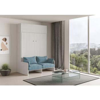Mod. Kentaro Cama de Casal 160 com Sofá - Cama de casal dobrável Kentaro 160 com sofá e móvel de parede nas cores branco, cinza e azul claro.