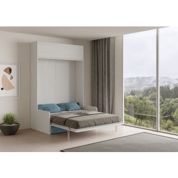 Mod. Kentaro Cama de Casal 160 com Sofá - Cama de casal dobrável Kentaro 160 com sofá e móvel de parede nas cores branco, cinza e azul claro.