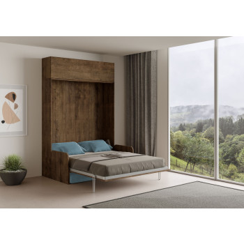 Mod. Kentaro Cama de Casal 160 com Sofá - Cama de casal dobrável Kentaro 160 com sofá e móvel de parede nas cores branco, cinza e azul claro.