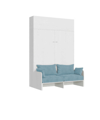 Mod. Kentaro Cama de Casal 160 com Sofá - Cama de casal dobrável Kentaro 160 com sofá e móvel de parede nas cores branco, cinza e azul claro.