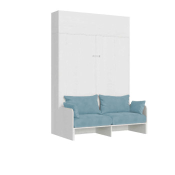 Mod. Kentaro Cama de Casal 160 com Sofá - Cama de casal dobrável Kentaro 160 com sofá e móvel de parede nas cores branco, cinza e azul claro.
