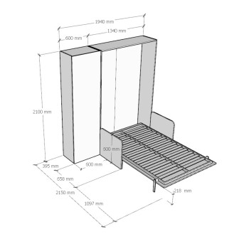 Mod.Kentaro Sofà 1/2 - Cama de casal dobrável vertical de 120 cm Kentaro Sofà com coluna Freixo Branco
