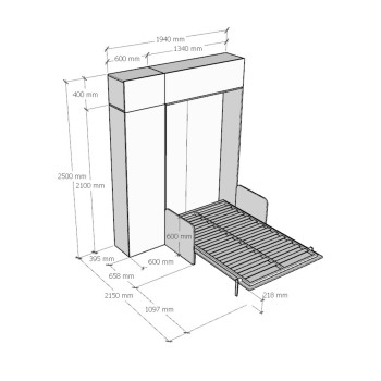 Mod.Kentaro Sofà 1/2 - Cama de casal dobrável vertical de 120 cm Kentaro Sofà com coluna e armários de parede Branco Freixo