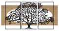 Conjunto de 3 painéis de parede em ferro e madeira com tema de árvore.