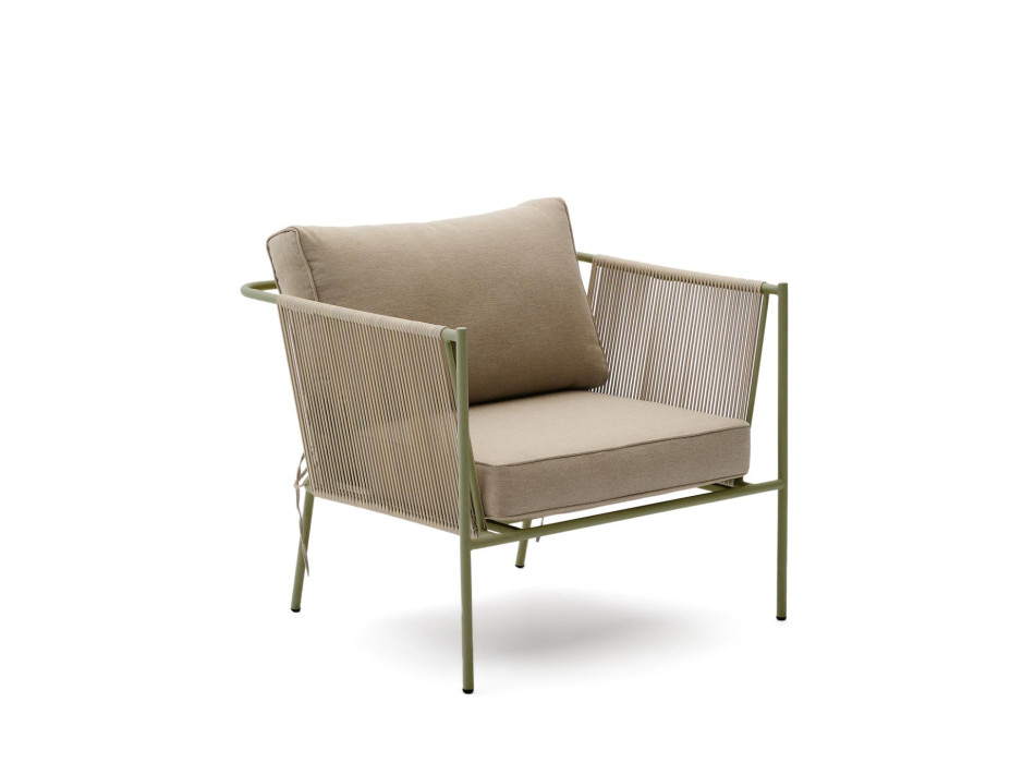 Poltrona de exterior Zivia em corda crua e aço galvanizado verde.