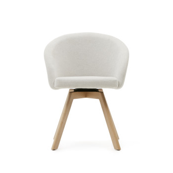 Cadeira giratória Marvin em chenille bege com pés em madeira maciça de faia e acabamento natural FSC 100%.