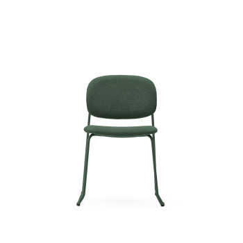 Cadeira empilhável Meli em chenille verde e pés de metal verde com certificação FSC Mix Credit.