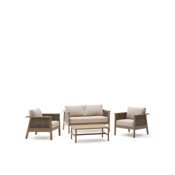 Conjunto Alabe composto por um sofá de 2 lugares, 2 poltronas e uma mesa de centro em madeira de acácia 100% certificada pelo FSC.