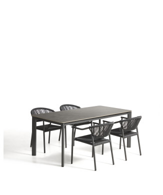 Conjunto de mesa Anafi em pedra sinterizada e alumínio grafite e 4 cadeiras Livadia em alumínio grafite 180 x 90 cm