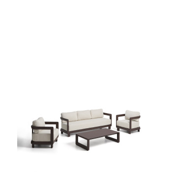 Conjunto Nerano com sofá de 3 lugares, 2 poltronas e mesa de centro em vidro temperado e alumínio marrom.