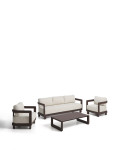 Conjunto Nerano com sofá de 3 lugares, 2 poltronas e mesa de centro em vidro temperado e alumínio marrom.