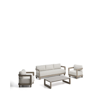 Conjunto Nerano com sofá de 3 lugares, 2 poltronas e mesa de centro em vidro temperado e alumínio taupe.
