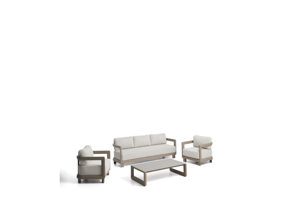 Conjunto Nerano com sofá de 3 lugares, 2 poltronas e mesa de centro em vidro temperado e alumínio taupe.