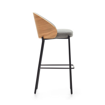Banqueta Eamy em chenille cinza claro com folheado de freixo e acabamento natural, metal preto, 77 cm
