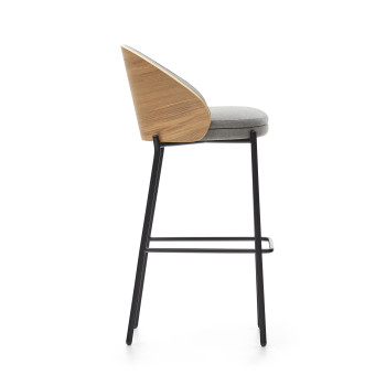 Banqueta Eamy em chenille cinza claro com folheado de freixo e acabamento natural, metal preto, 77 cm