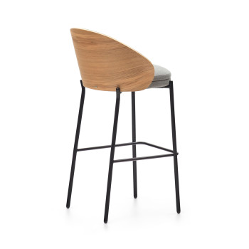 Banqueta Eamy em chenille cinza claro com folheado de freixo e acabamento natural, metal preto, 77 cm
