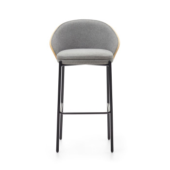 Banqueta Eamy em chenille cinza claro com folheado de freixo e acabamento natural, metal preto, 77 cm