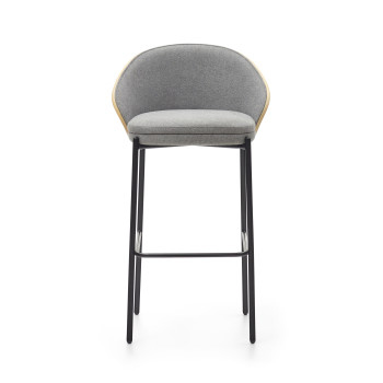 Banqueta Eamy em chenille cinza claro com folheado de freixo e acabamento natural, metal preto, 77 cm