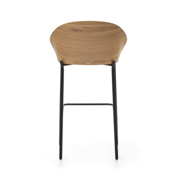 Banqueta Eamy em chenille cinza claro com folheado de freixo e acabamento natural, metal preto, 77 cm
