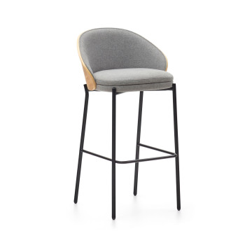Banqueta Eamy em chenille cinza claro com folheado de freixo e acabamento natural, metal preto, 77 cm