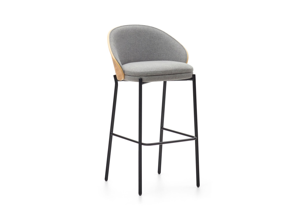 Banqueta Eamy em chenille cinza claro com folheado de freixo e acabamento natural, metal preto, 77 cm