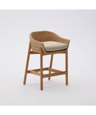Banqueta Galea em madeira maciça de teca e rattan sintético, 75 cm, certificação FSC 100%.