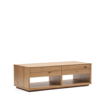 Mesa de centro Alguema com 2 gavetas, folheado de carvalho, acabamento natural, 140 x 60 cm