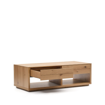 Mesa de centro Alguema com 2 gavetas, folheado de carvalho, acabamento natural, 140 x 60 cm