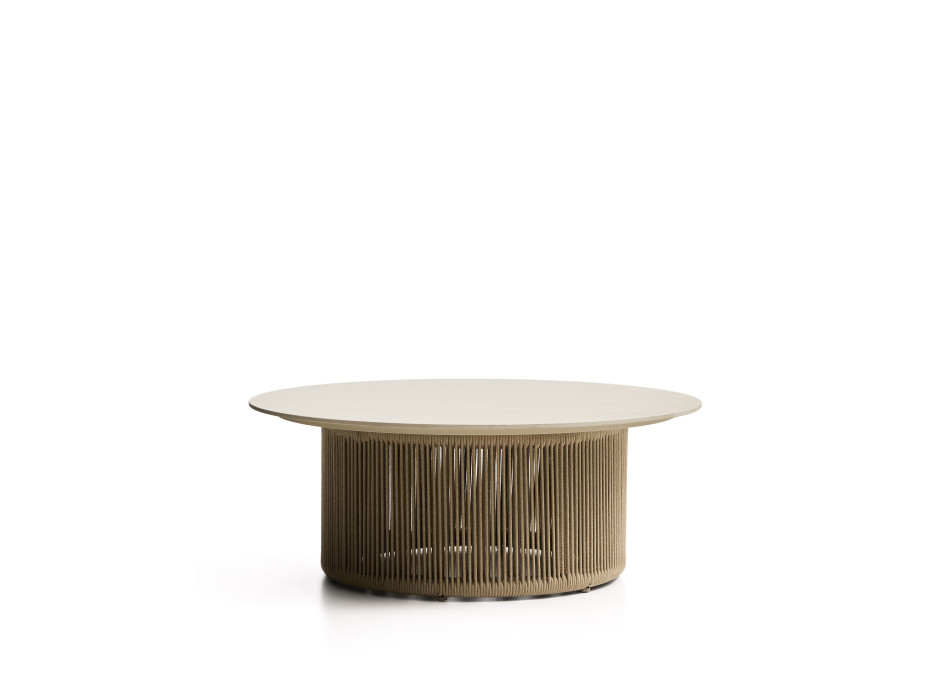 Mesa de centro para exterior Orosei em pedra sinterizada, alumínio cor cru e corda bege, Ø 90 cm