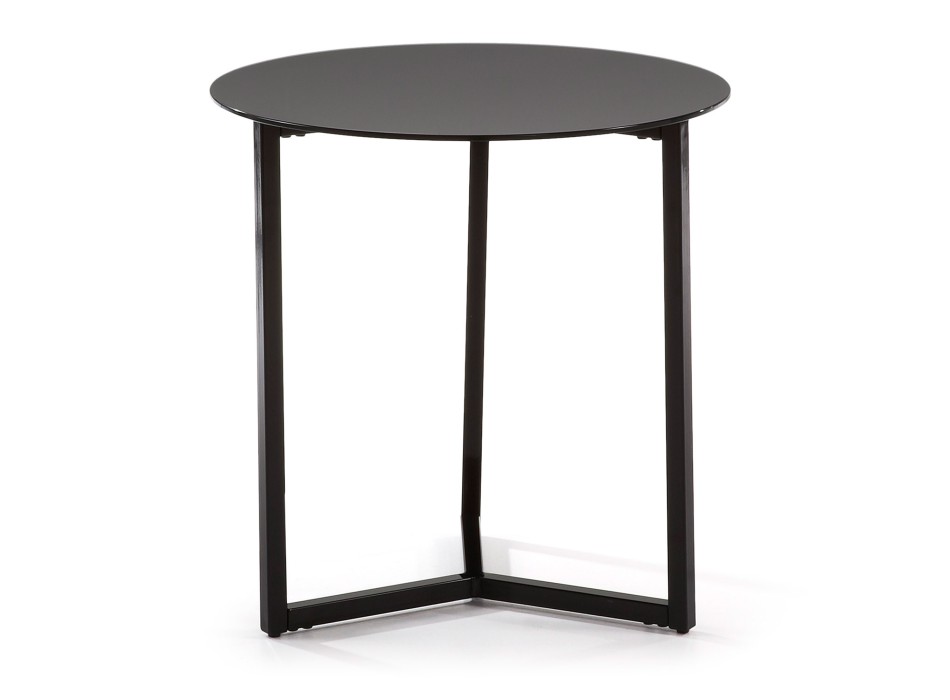 Mesa de centro Raeam em vidro temperado e aço com acabamento preto.