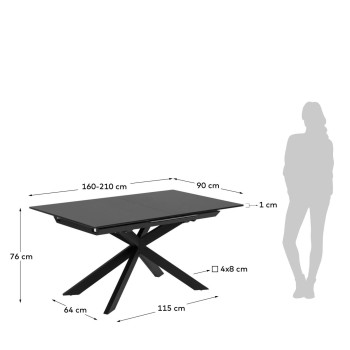 Mesa extensível Atminda em vidro com pés de aço, acabamento preto, 160 (210) x 90 cm