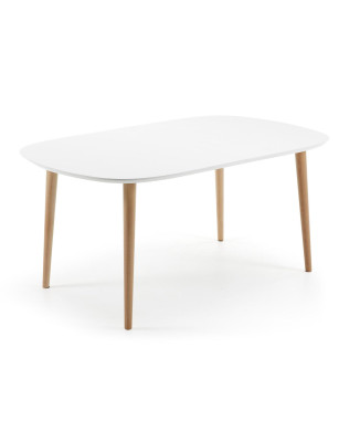 Mesa extensível Oqui, MDF laqueado branco, pés em faia maciça, 160(260) x 100 cm