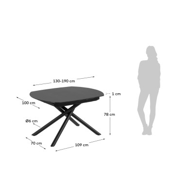 Mesa extensível Yodalia em vidro com pés de aço, acabamento preto, 130 (190) x 100 cm