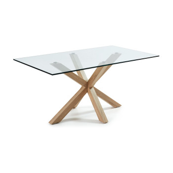 Mesa de vidro Argo com pés de aço com efeito madeira, 160 x 90 cm
