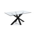 Mesa Argo em vidro com pés de aço e acabamento transparente.