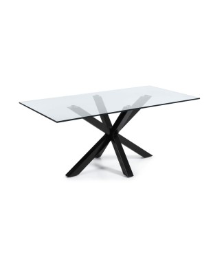 Mesa Argo em vidro com pés de aço, sem acabamento transparente.