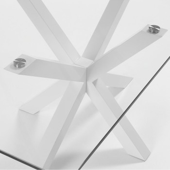 Mesa Argo em vidro com pés de aço e acabamento transparente.