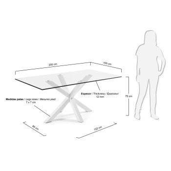 Mesa Argo em vidro com pés de aço e acabamento transparente.