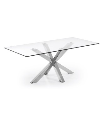 Mesa Argo em vidro com 200 pés transparentes em aço inoxidável.